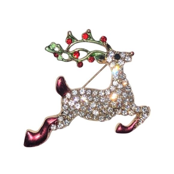 NEW Sparkling RHINESTONE Flying Reindeer CHRISTMAS Brooch With Red Accents - Picture 3 of 9
